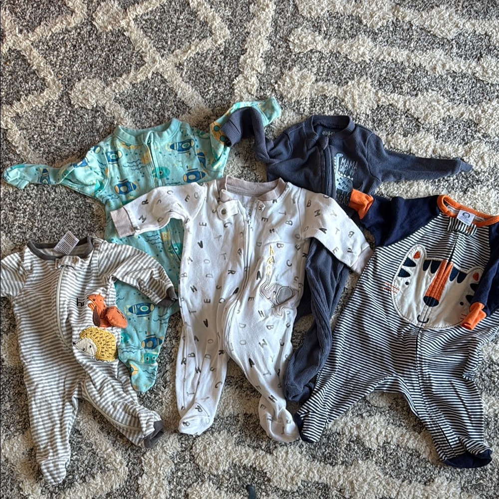 Gerber Baby, Old Navy, Koala Baby and Chick Pea 0-3 month onesie footie pjs.